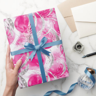 Papel De Regalo Cumpleaños Círculos Abstractos Glam Rosa Plateado