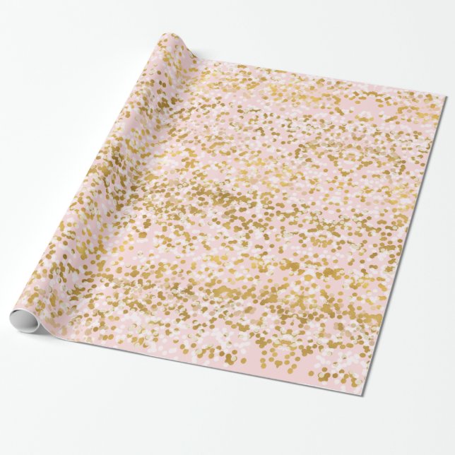 Papel De Regalo Cumpleaños con confeti dorado blanco y rosa (Desenrollado)
