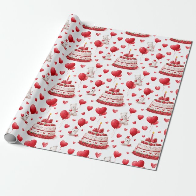 Papel De Regalo Cumpleaños con Corazón Adorable, Patrón de Celebra (Desenrollado)