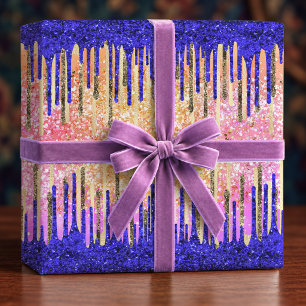 Papel De Regalo Cumpleaños con destellos de azul real y dorado Chi