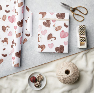 Papel De Regalo Cumpleaños con Estampado de Vaca de Corazones Rosa
