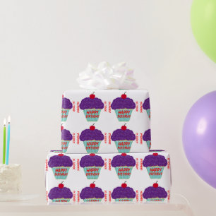 Papel De Regalo Cumpleaños Cupcake de Glaseado Morado Nombre Edad