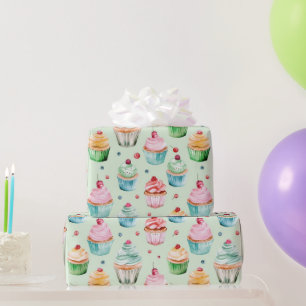 Papel De Regalo Cumpleaños Cupcakes Rosa Crema de Menta