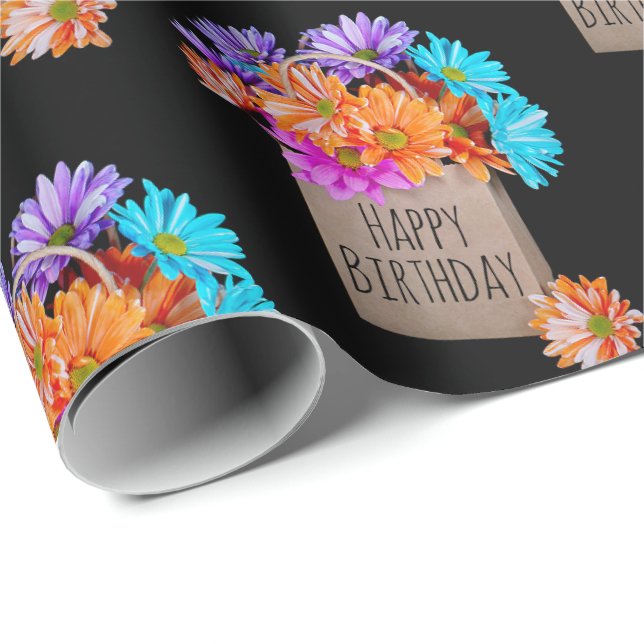 Papel De Regalo Cumpleaños Daisy Bouquet On Black (Esquina del rollo)