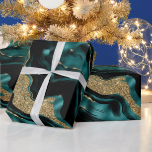 Papel De Regalo Cumpleaños de ágata con brillo dorado y verde azul