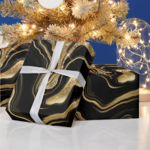 Papel De Regalo Cumpleaños de ágata con brillo negro y dorado eleg