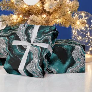 Papel De Regalo Cumpleaños de ágata elegante con brillo verde azul