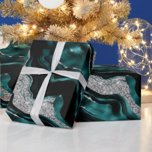Papel De Regalo Cumpleaños de ágata elegante verde azulado y brill