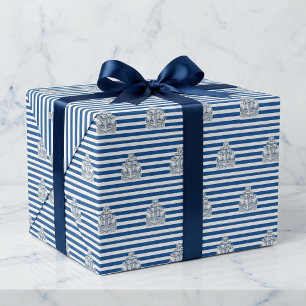 Papel De Regalo Cumpleaños de Ancla Náutica Rayas Azules de Cabaña