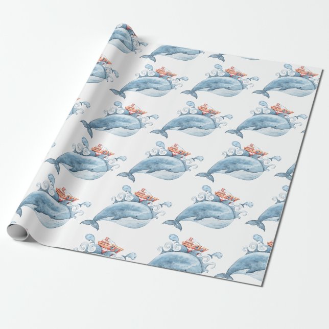 Papel De Regalo Cumpleaños de ballena azul (Desenrollado)