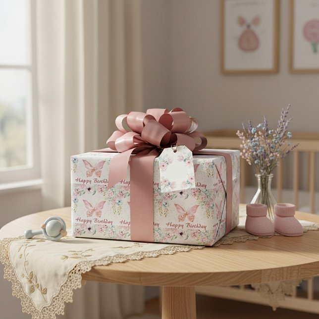 Papel De Regalo Cumpleaños de bebé con flores y mariposas pastel (Subido por el creador)
