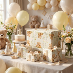 Papel De Regalo Cumpleaños de Bebé Floral Honey Bear