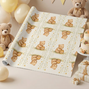 Papel De Regalo Cumpleaños de Bebé Floral Honey Bear