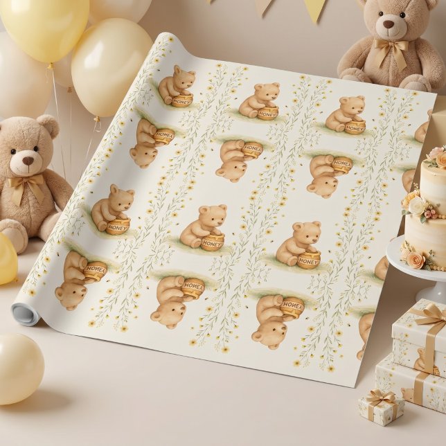 Papel De Regalo Cumpleaños de Bebé Floral Honey Bear (Subido por el creador)