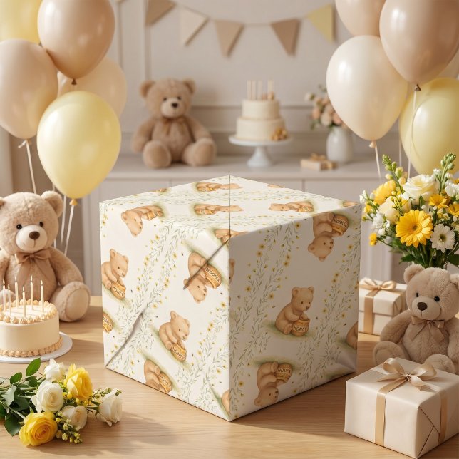 Papel De Regalo Cumpleaños de Bebé Floral Honey Bear (Subido por el creador)