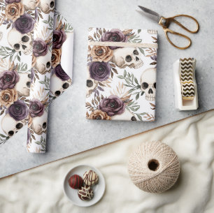 Papel De Regalo Cumpleaños de Calaveras Florales Moradas Marrones