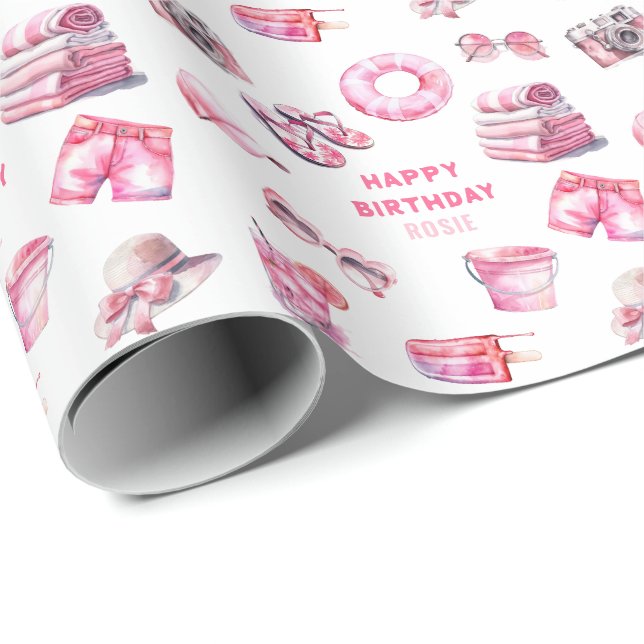 Papel De Regalo Cumpleaños de Chicas de verano rosados de Guay (Esquina del rollo)