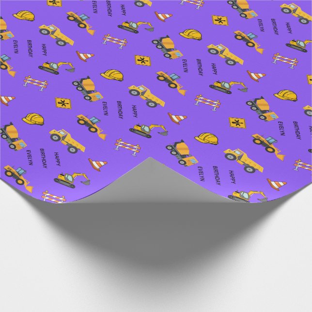 Papel De Regalo Cumpleaños de Construcción Personalizado Morado (Esquina)