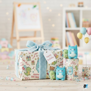Papel De Regalo Cumpleaños de Cute Pastel Kawaii Monster y Amigos