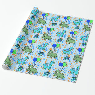 Papel De Regalo Cumpleaños de dinosaurios con confeti azul y verde