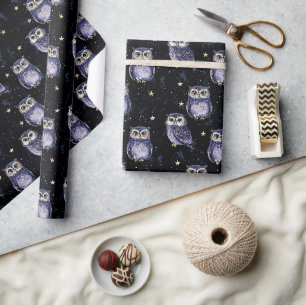 Papel De Regalo Cumpleaños de Estrellas Mágicas de Búhos Purpuras