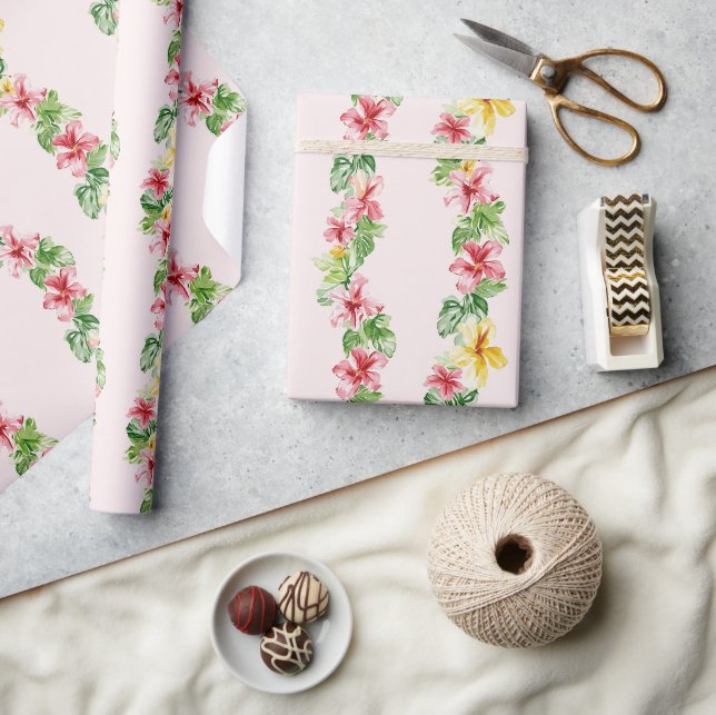 Papel De Regalo Cumpleaños de flores de hibisco amarillas rosadas  (Artesanía)