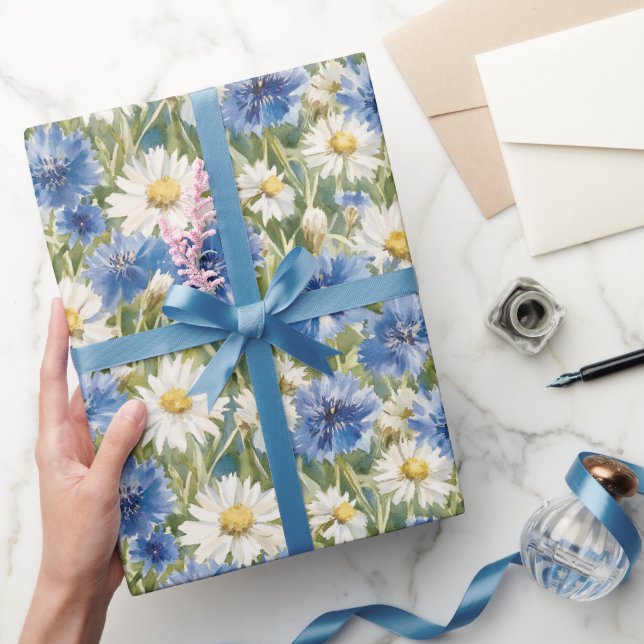 Papel De Regalo Cumpleaños de flores de margaritas blancas azules (Regalar)