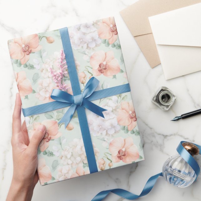 Papel De Regalo Cumpleaños de Flores de Orquídea Melocotón Menta B (Regalar)