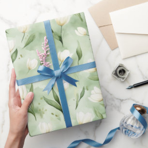 Papel De Regalo Cumpleaños de flores de tulipán blancas verdes