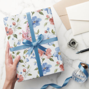 Papel De Regalo Cumpleaños de Flores Rojas Azules Bonitas