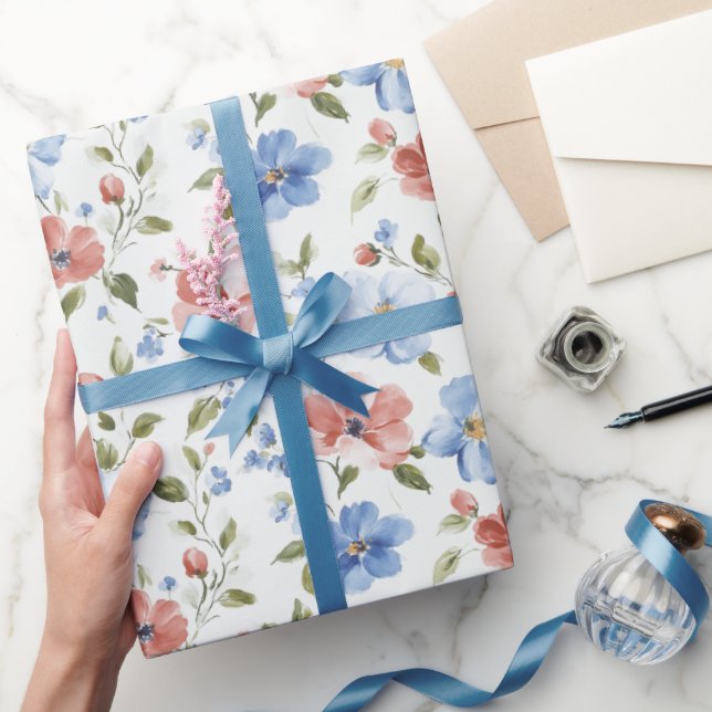 Papel De Regalo Cumpleaños de Flores Rojas Azules Bonitas (Regalar)