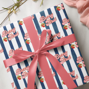 Papel De Regalo Cumpleaños de Fresa Rayas Blancas y Azul Marino