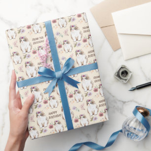 Papel De Regalo Cumpleaños de gatito lindo con flores rosadas