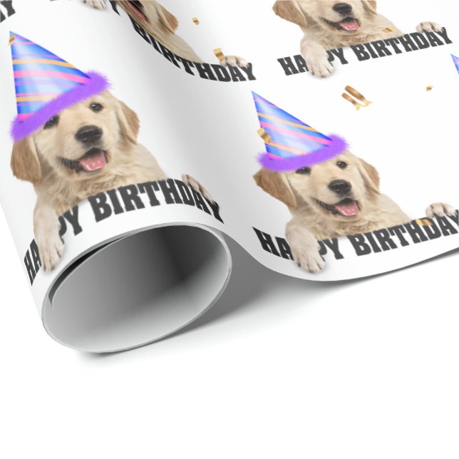 Papel De Regalo Cumpleaños de Golden Retriever con confetti (Esquina del rollo)