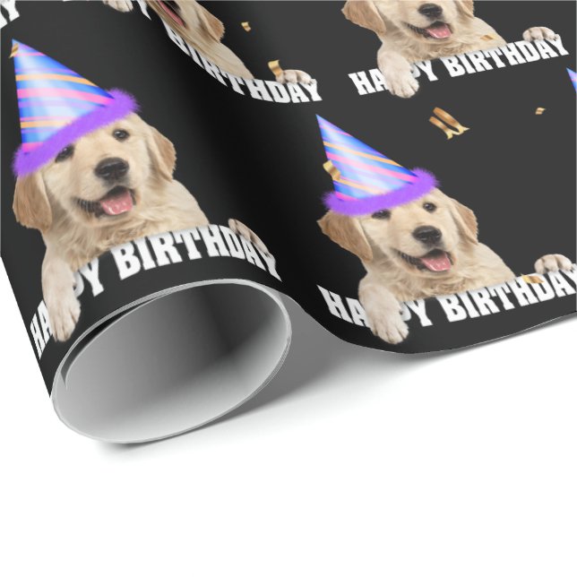 Papel De Regalo Cumpleaños de Golden Retriever con confetti (Esquina del rollo)