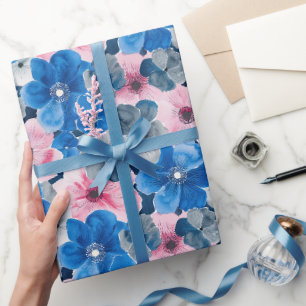 Papel De Regalo Cumpleaños de la flor azul rosa de la moda