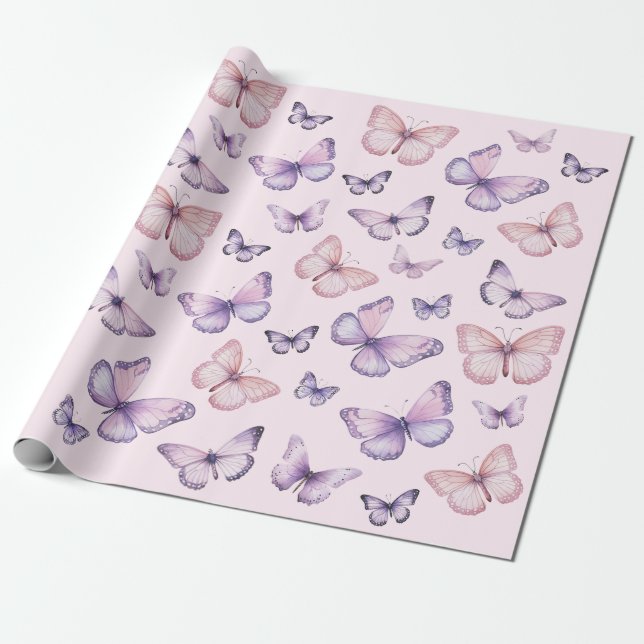 Papel De Regalo Cumpleaños de la mariposa púrpura rosa (Desenrollado)