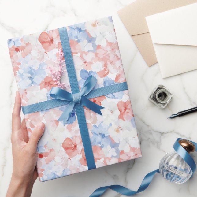 Papel De Regalo Cumpleaños de las Flores Azules Rojas (Regalar)
