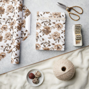 Papel De Regalo Cumpleaños de las Flores Blancas de Crema Marrón