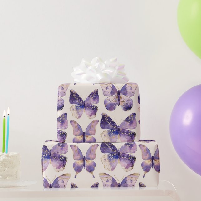 Papel De Regalo Cumpleaños de las mariposas Purple Gold (Regalos de fiesta)