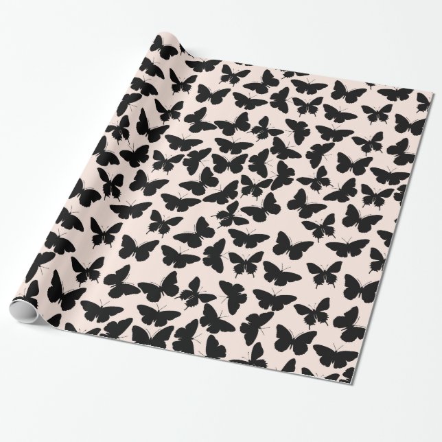 Papel De Regalo Cumpleaños de las mariposas rosadas y negras de la (Desenrollado)