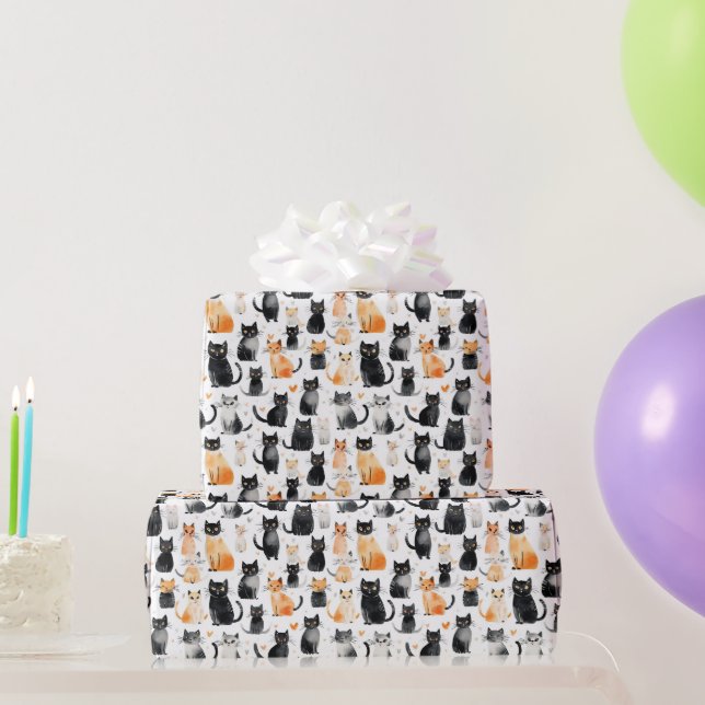 Papel De Regalo Cumpleaños de los gatos blancos negros de Naranja  (Regalos de fiesta)
