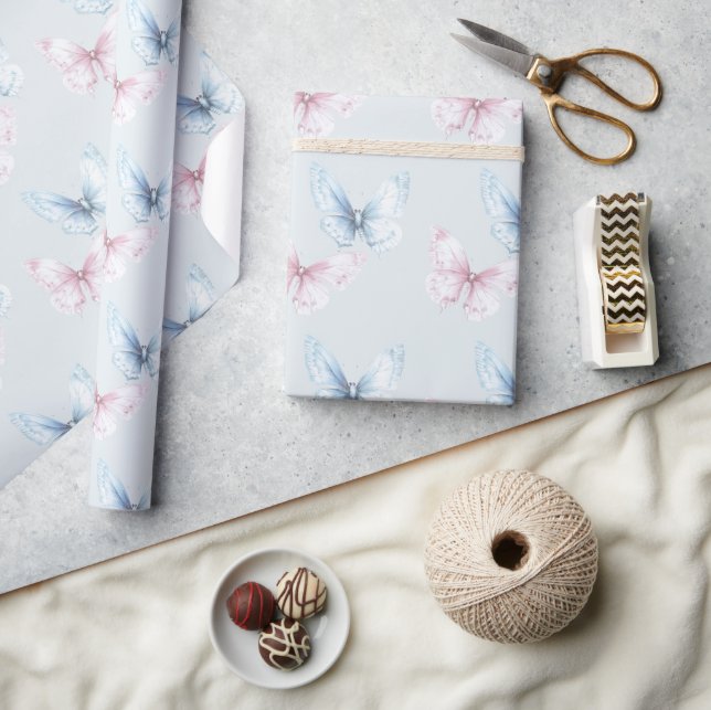 Papel De Regalo Cumpleaños de Mariposas Azules Rosadas Lindas (Artesanía)