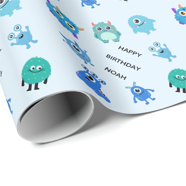 Papel De Regalo Cumpleaños de monstruo azul lindo personalizado (Esquina del rollo)