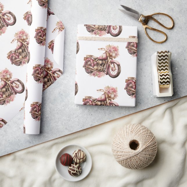 Papel De Regalo Cumpleaños de motocicleta floral rosa (Artesanía)
