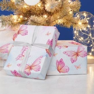 Papel De Regalo Cumpleaños de niña con mariposa en acuarela elegan