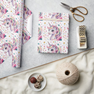 Papel De Regalo Cumpleaños de niña con unicornio mágico acuarela