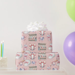 Papel De Regalo Cumpleaños de niña de béisbol de lujo Rosa Claro