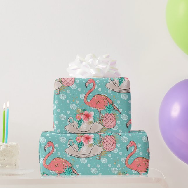 Papel De Regalo Cumpleaños de Niñas Pájaros Rosados Tropicales Fla (Regalos de fiesta)