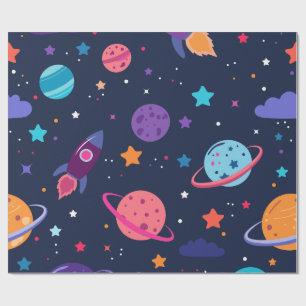 Papel De Regalo Cumpleaños de niños Cohetes Planetas Estrellas